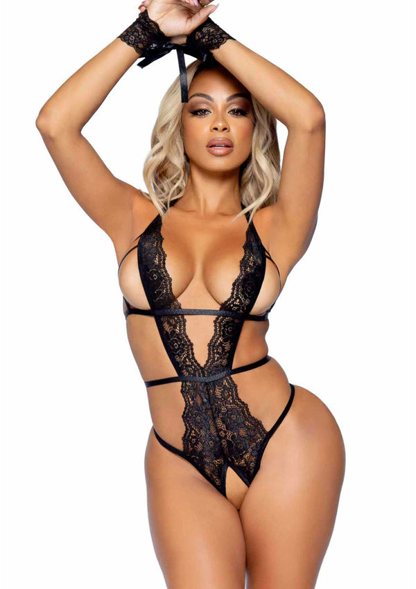 Body con manette in pizzo Crotchless lace teddy