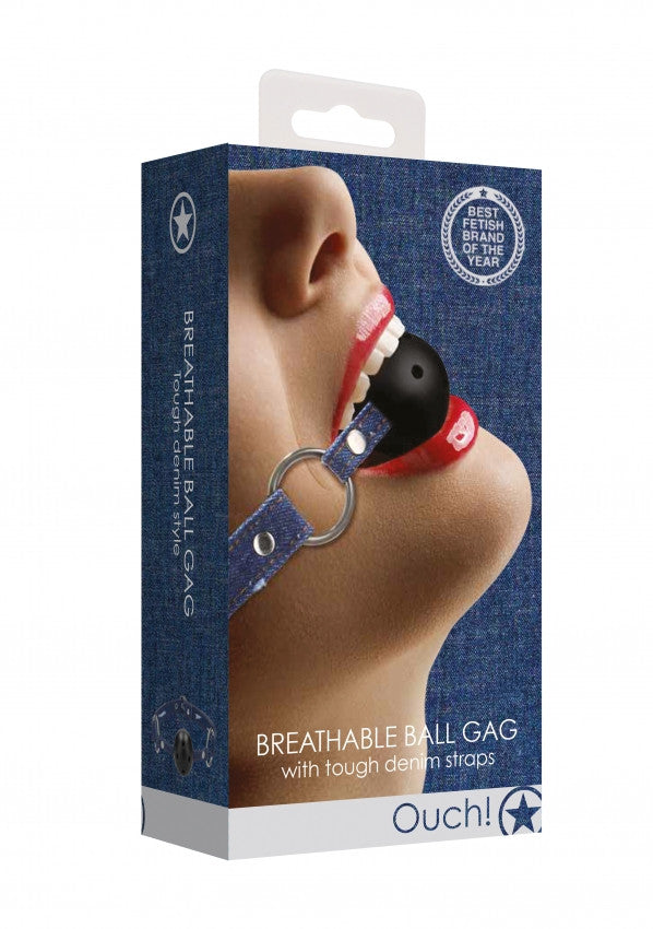 morso Breathable Ball Gag With Roughend Denim Straps Blue